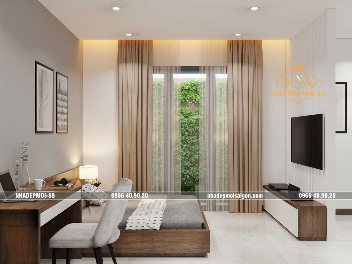 Phòng ngủ được thiết kế đơn giản, hài hòa, với tông trung tính tạo nên hiệu ứng thư giãn cho người ngủ.